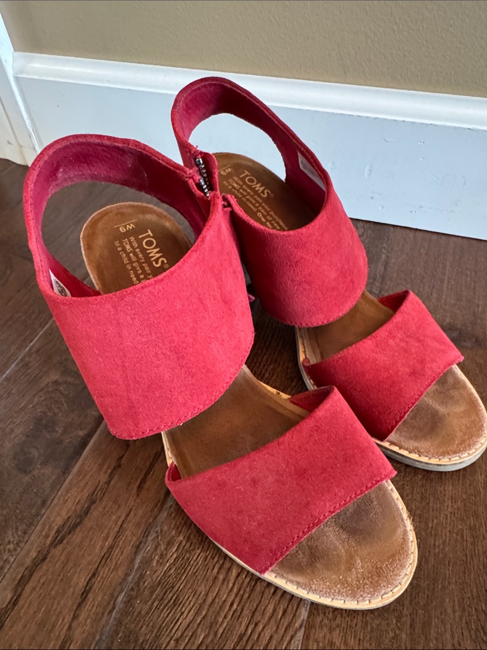 Toms Red Suede Wedge Sandals with Wide Straps